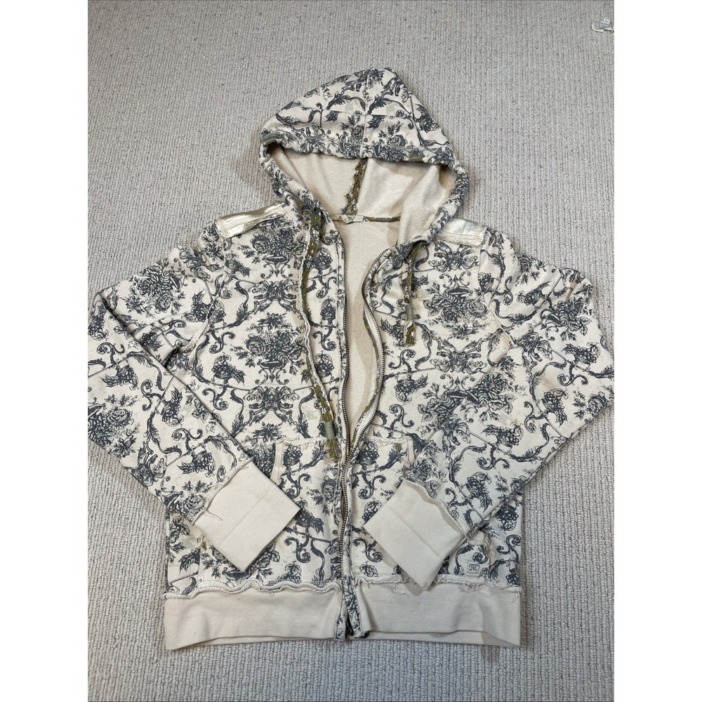 Miss Me Women's Large Full Zip Hoodie Flowers Satin Cream Y2K